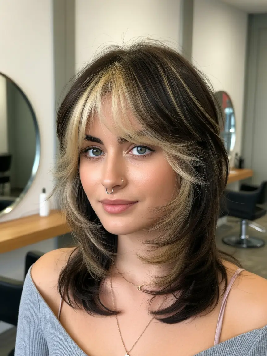 modern spring mid length haircuts 2026 Modern Mid Length Haircut With Curtain Bangs And Contrast Highlights