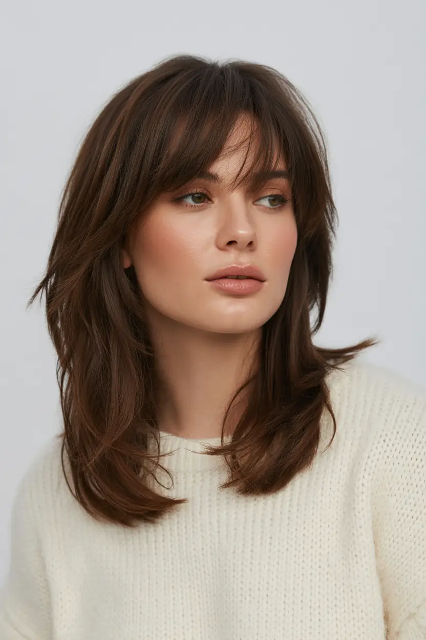 modern spring mid length haircuts 2026 Feathered Mid Length Haircut With Light Bangs