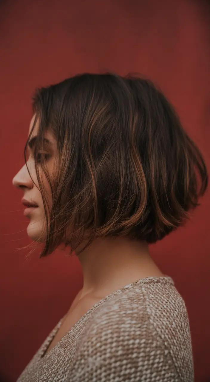 modern spring short hairstyles 2026 Soft Tousled Brunette Bob with Subtle Copper Ribbons