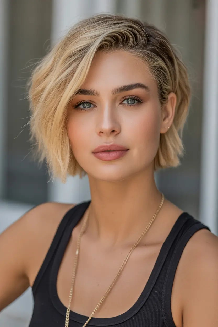 modern spring short hairstyles 2026 Sunlit Textured Blonde Bob with Side Part
