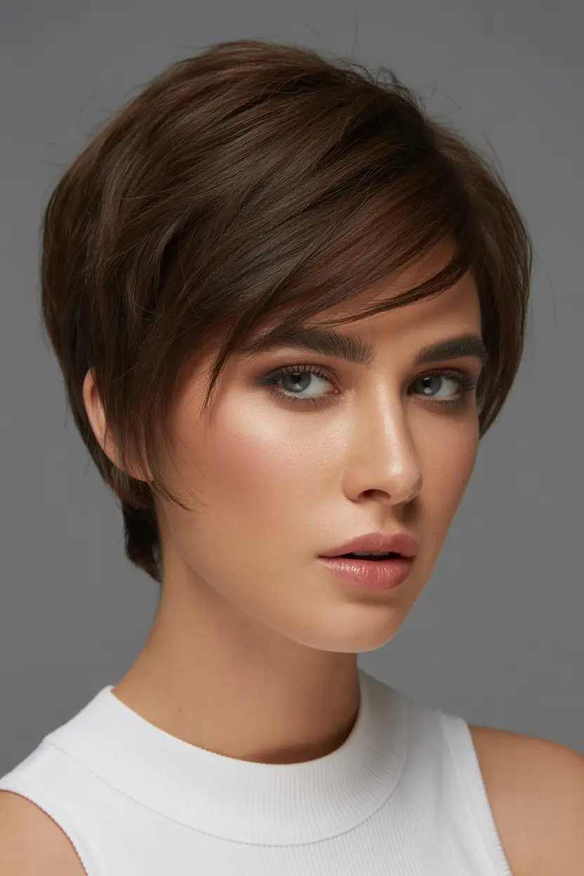 modern spring short hairstyles 2026 Chic Espresso Pixie with Feathered Fringe