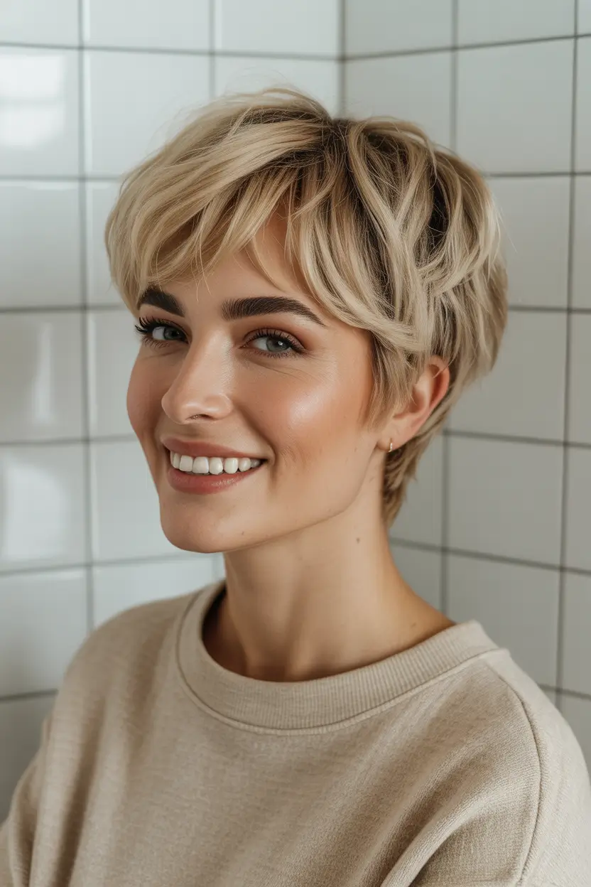 modern spring short hairstyles 2026 Feathered Blonde Pixie with Soft Side Fringe