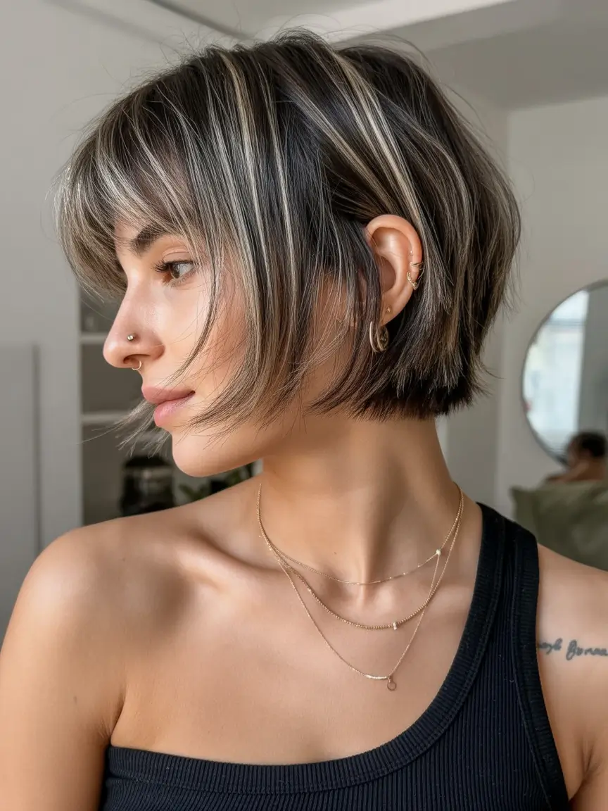 modern spring short hairstyles 2026 Layered Micro Bob with Silver Ash Highlights
