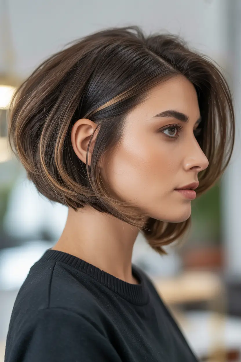 modern spring short hairstyles 2026 Rounded Brunette Bob with Soft Caramel Contour