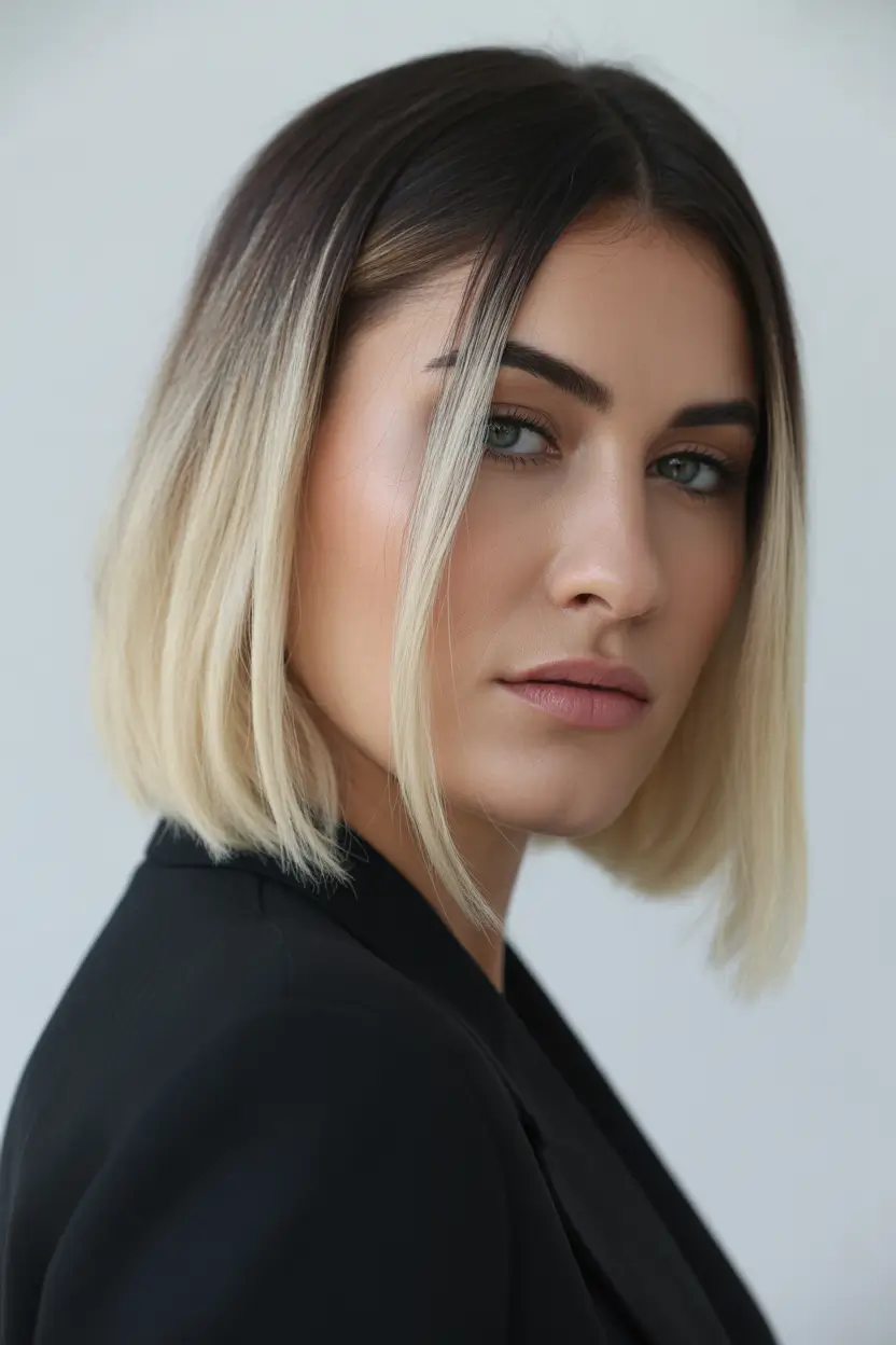 modern spring short hairstyles 2026 Sleek Blunt Blonde Bob with Dark Root Contrast
