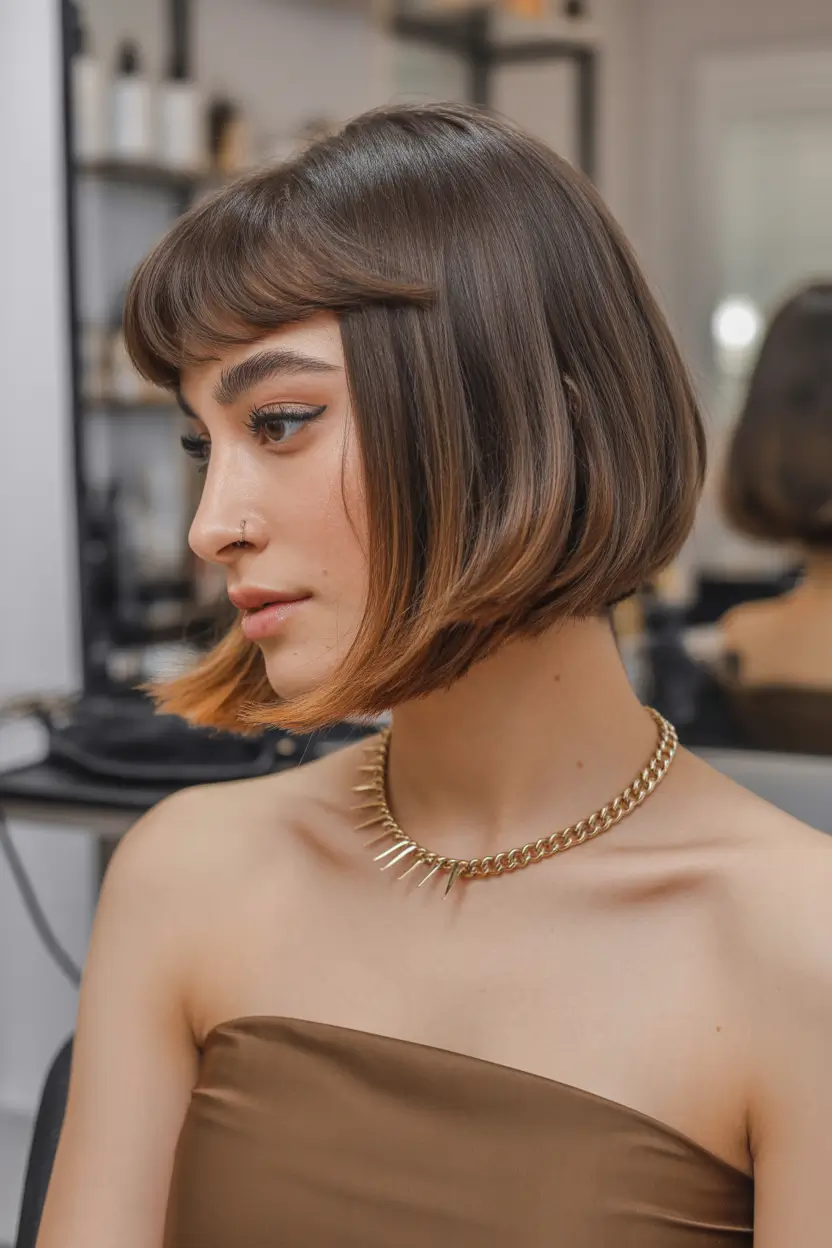 modern spring short hairstyles 2026 Glossy Rounded Bob with Subtle Copper Tips