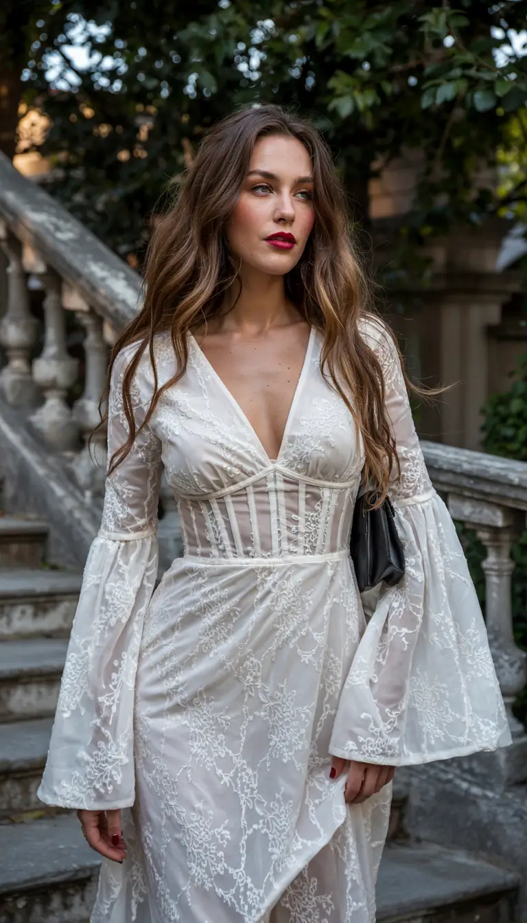 modern spring wedding guest outfit 2026 White Lace Majesty for Evening Garden Affairs