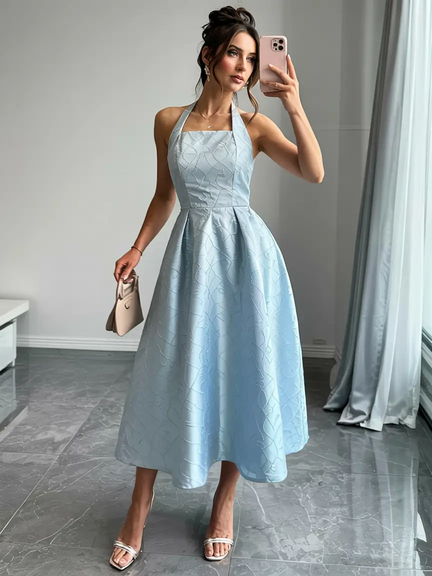 modern spring wedding guest outfit 2026 Powder Blue Halter Elegance for Modern Spring Moments