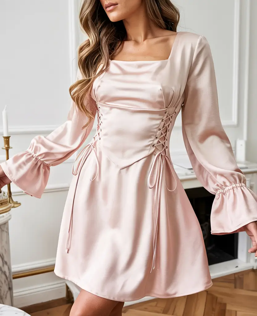 modern spring wedding guest outfit 2026 Blush Corset Romance with Soft Satin Movement