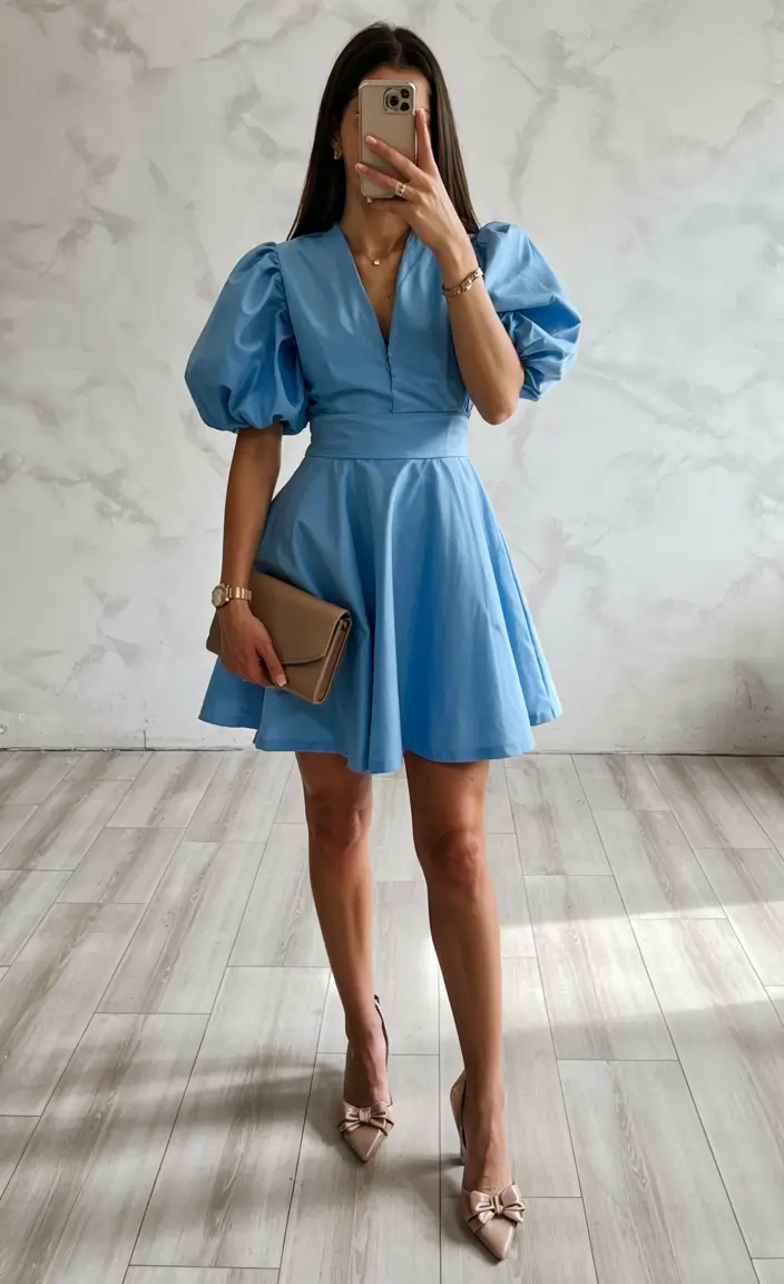 modern spring wedding guest outfit 2026 Puff Sleeve Blue Charm for Playful Spring Ceremonies