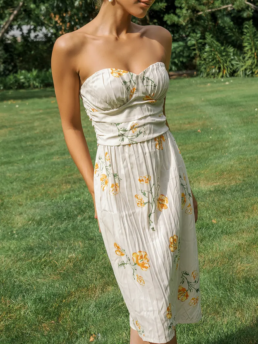modern spring wedding guest outfit 2026 Strapless Floral Ease for Garden Celebrations