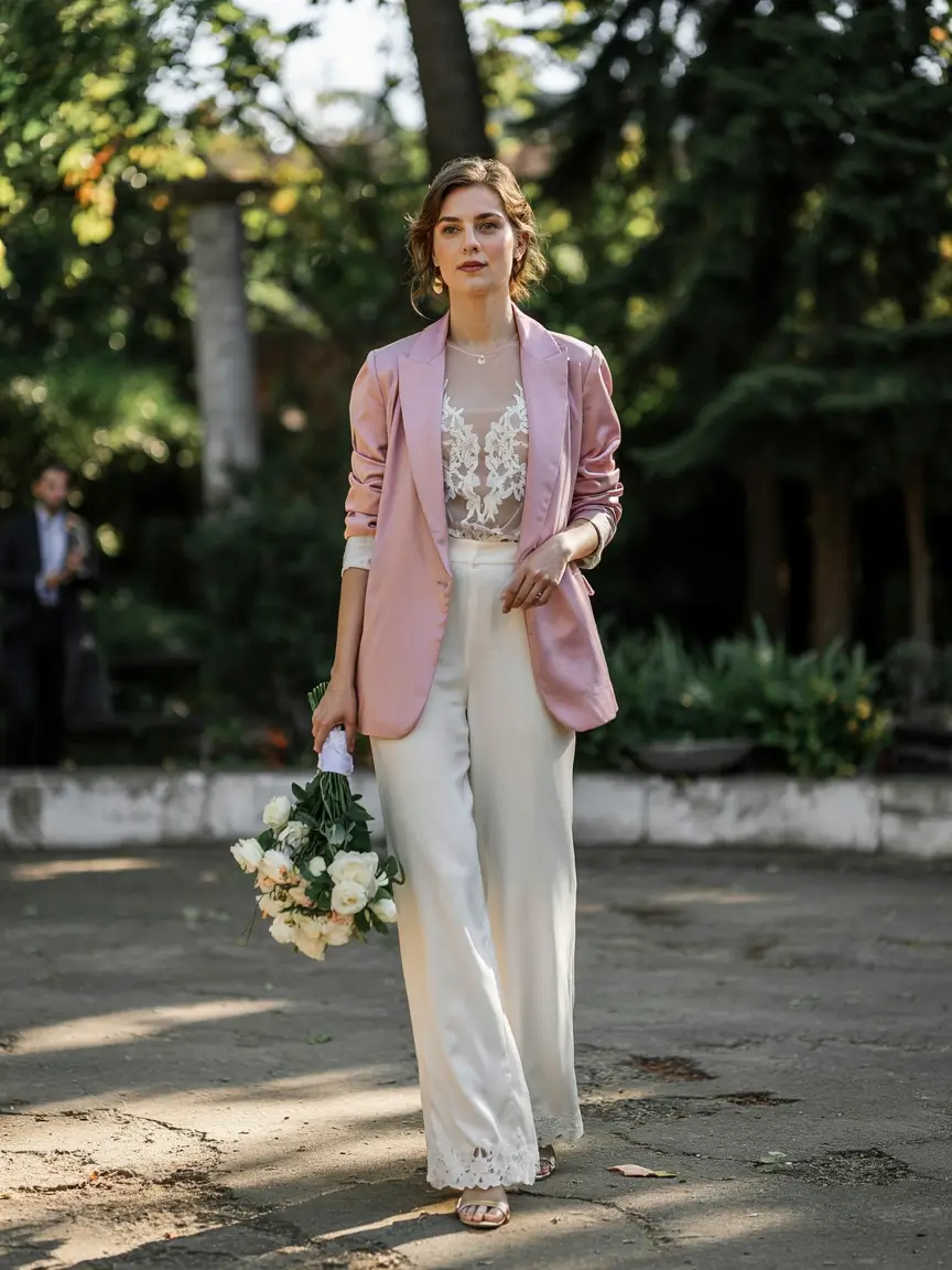 modern spring wedding guest outfit 2026 Pink Blazer Romance with Soft Tailored Flair