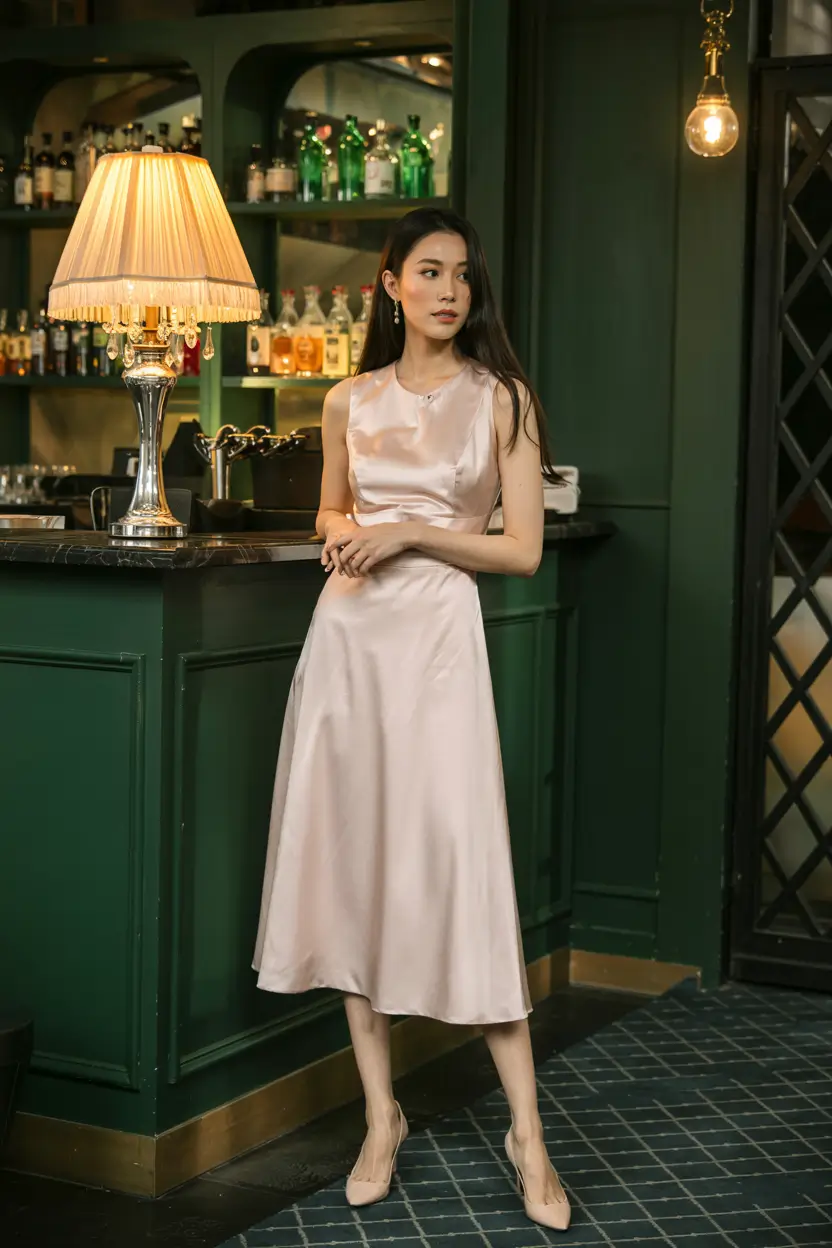 modern spring wedding guest outfit 2026 Champagne Satin Simplicity for Intimate Evenings