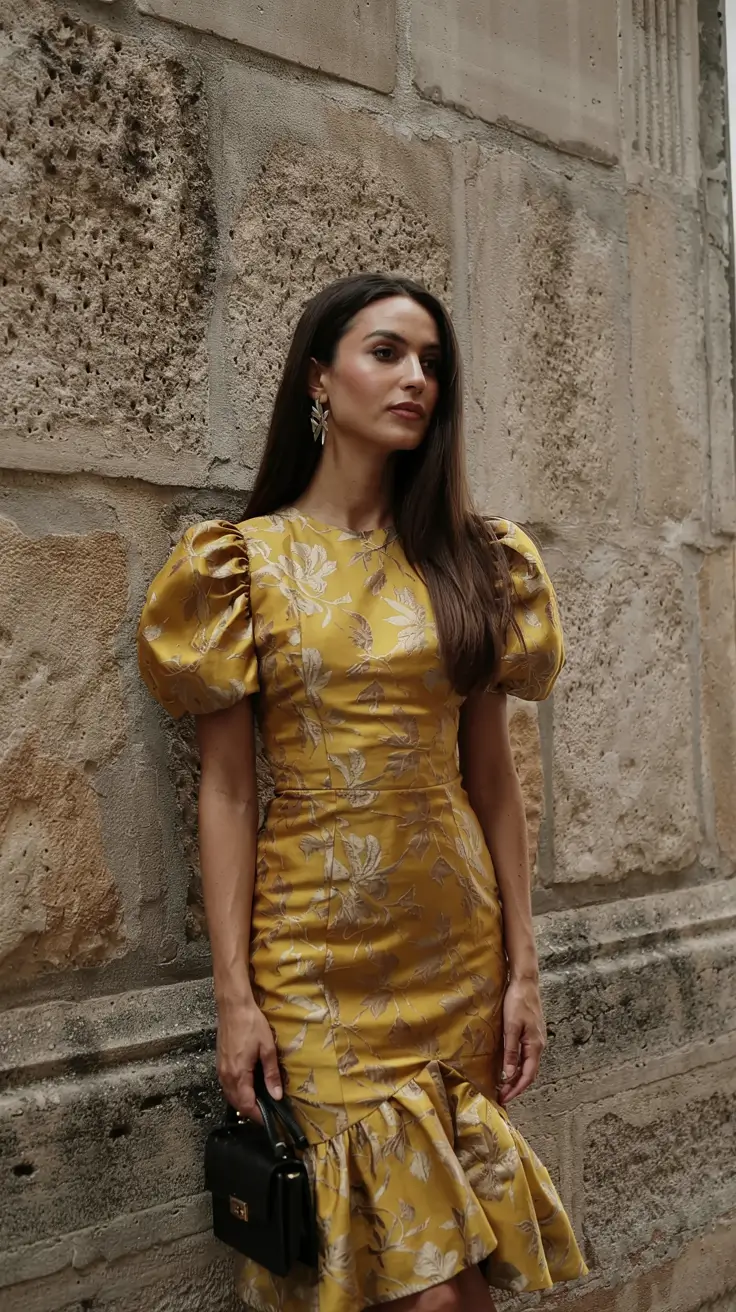 modern spring wedding guest outfit 2026 Golden Floral Elegance For Sunlit Ceremonies