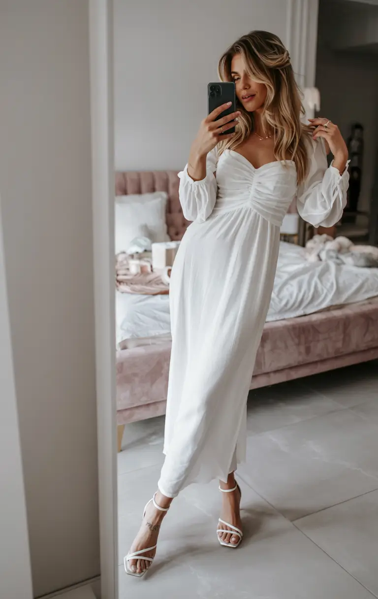 modern spring wedding guest outfit 2026 White Ruched Elegance for Soft Spring Evenings