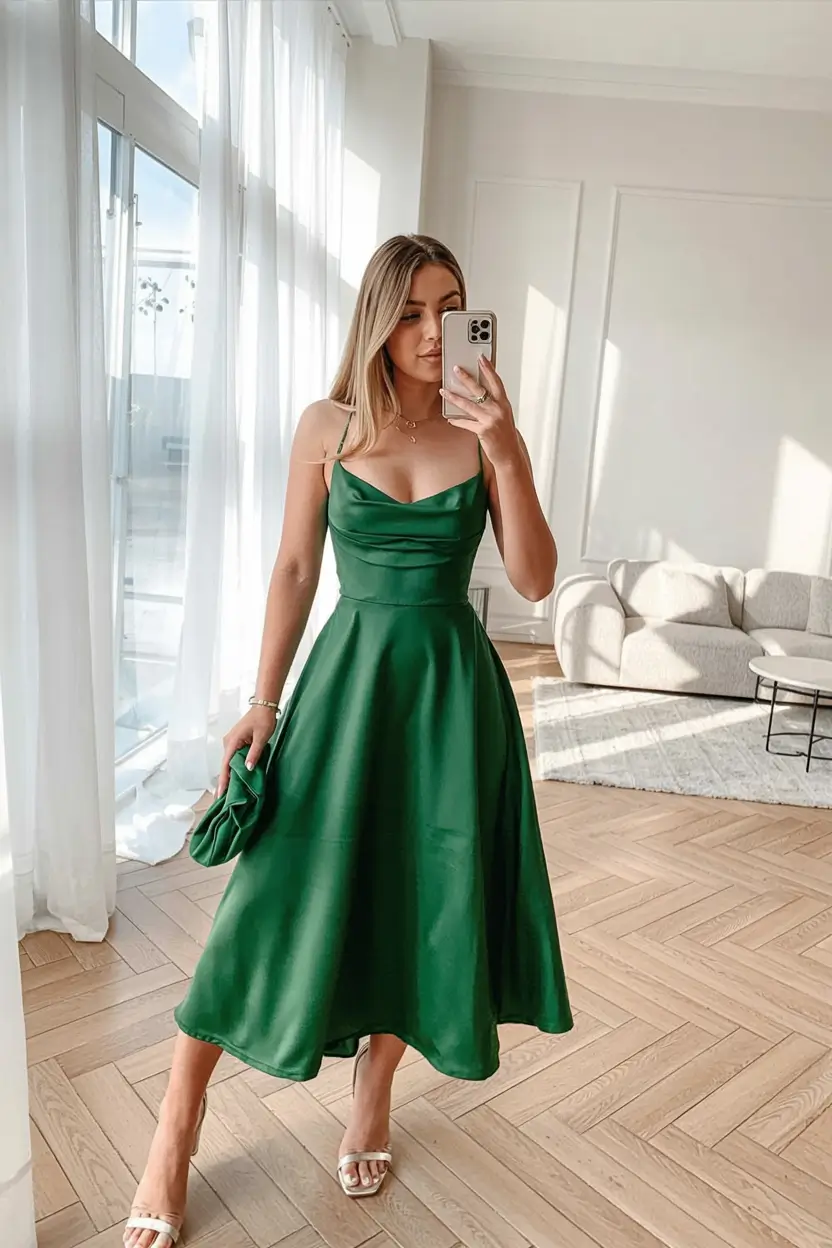 modern spring wedding guest outfit 2026 Emerald Green Satin for Confident Spring Evenings