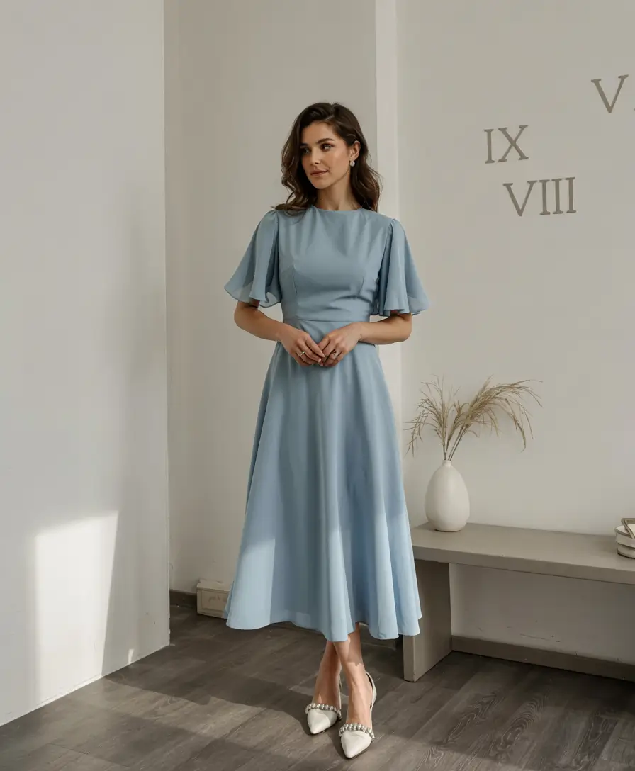 modern spring wedding guest outfit 2026 Soft Blue Flutter Sleeves for Timeless Spring Beauty