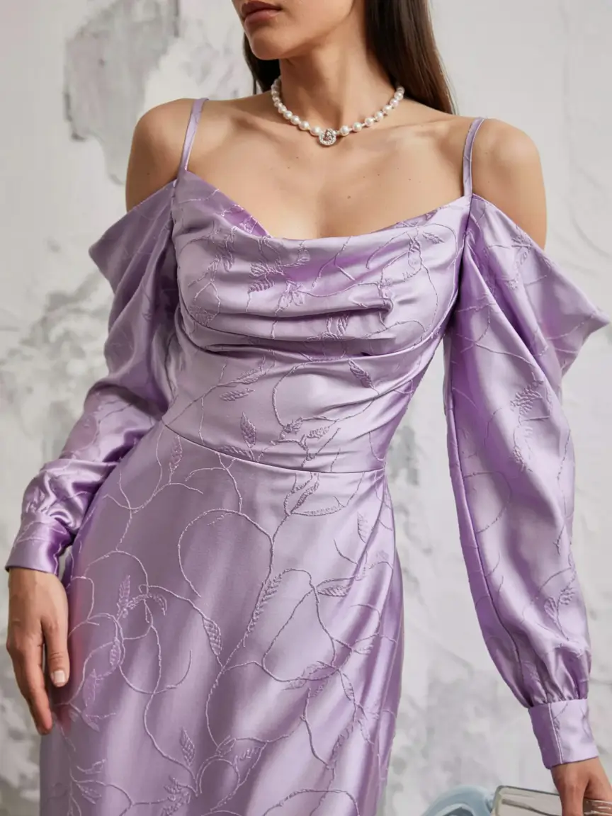modern spring wedding guest outfit 2026 Lavender Satin Romance With Sculpted Sleeves