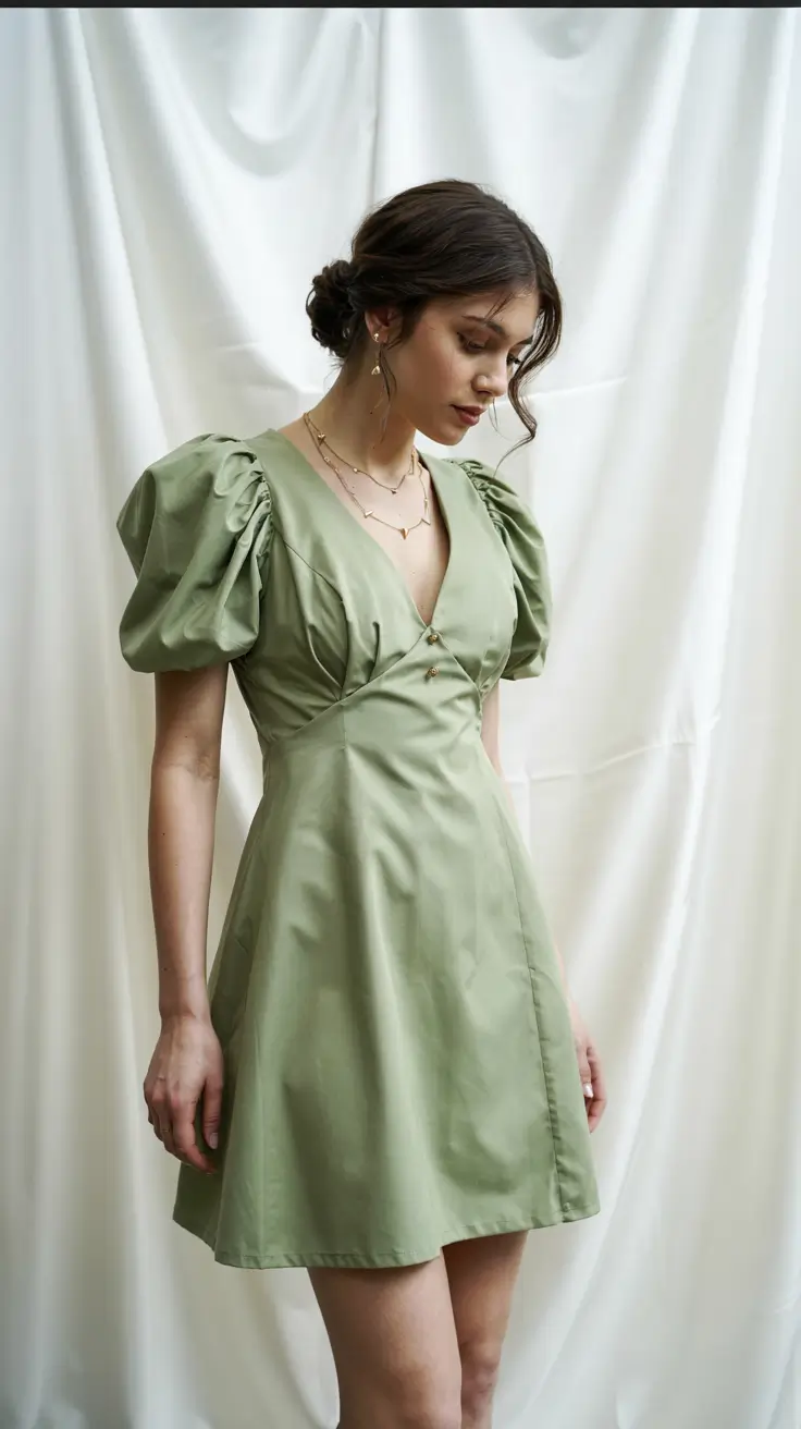 modern spring wedding guest outfit 2026 Fresh Green Puff Sleeve Charm