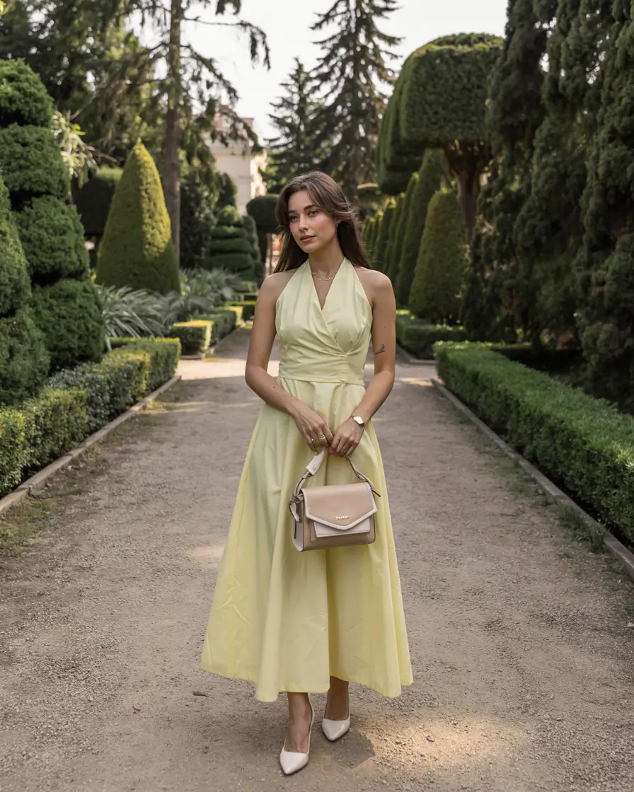 modern spring wedding guest outfit 2026 Lemon Halter Grace For Garden Weddings