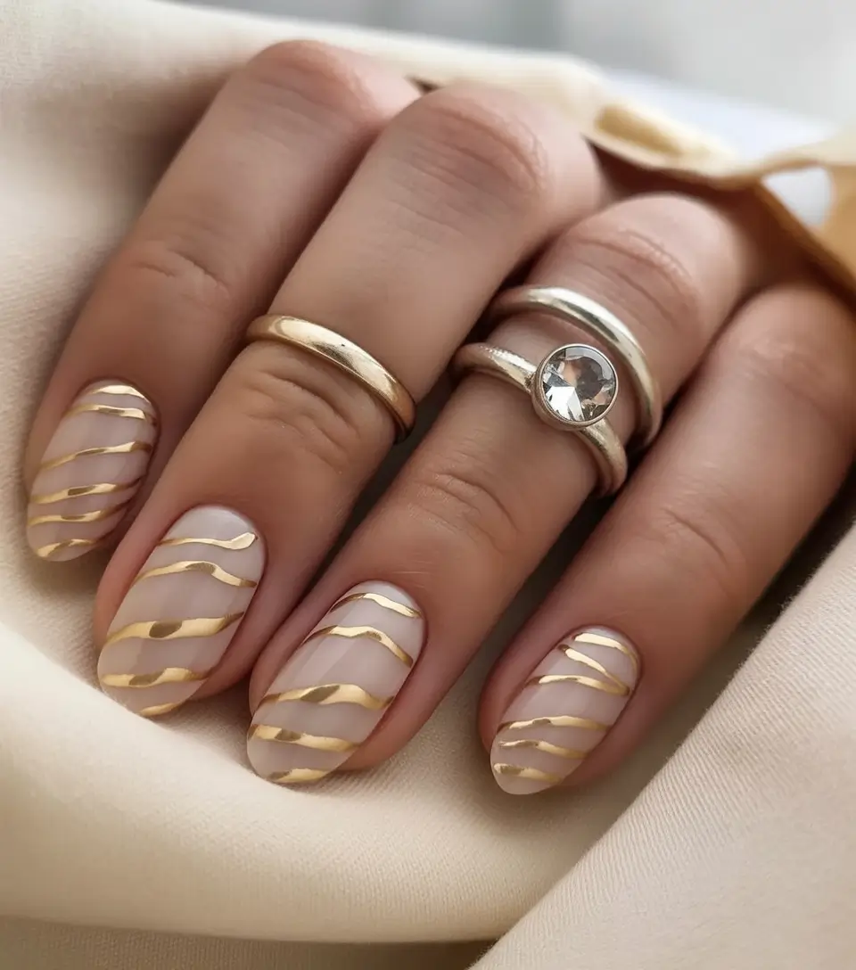 must-try spring nails acrylic 2026 Soft Neutral Almond With Liquid Gold Waves