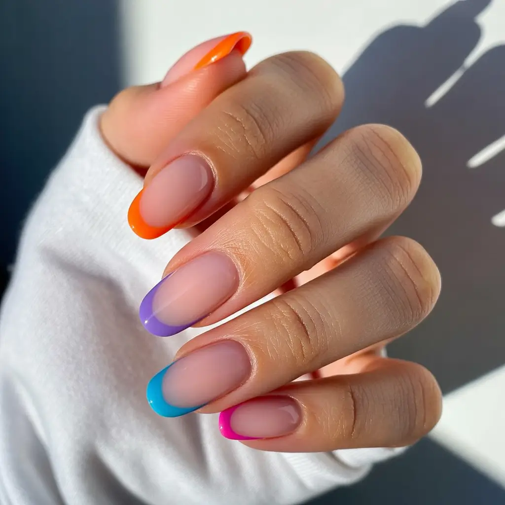 must-try spring nails acrylic 2026 Colorful French Almond Short Playful Spring Mood