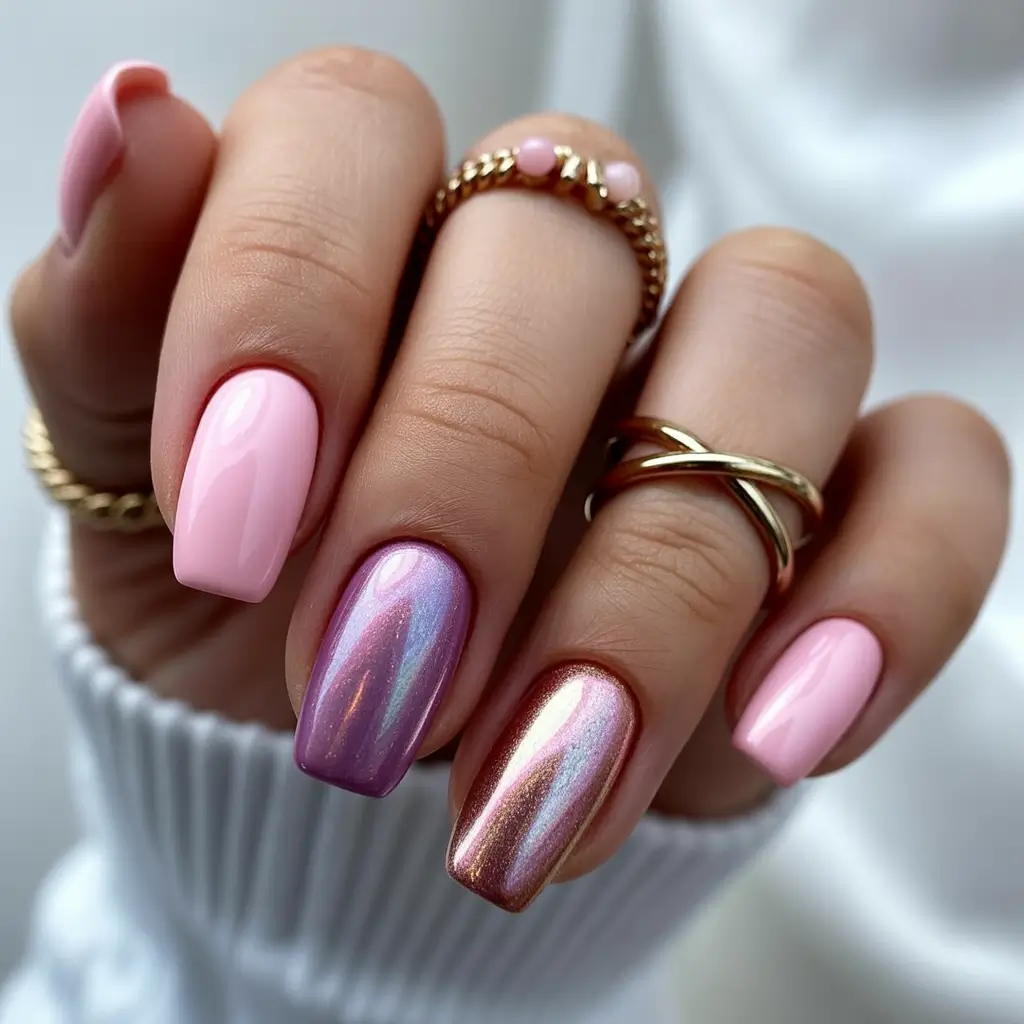 must-try spring nails acrylic 2026 Pink And Chrome Square Medium Glow