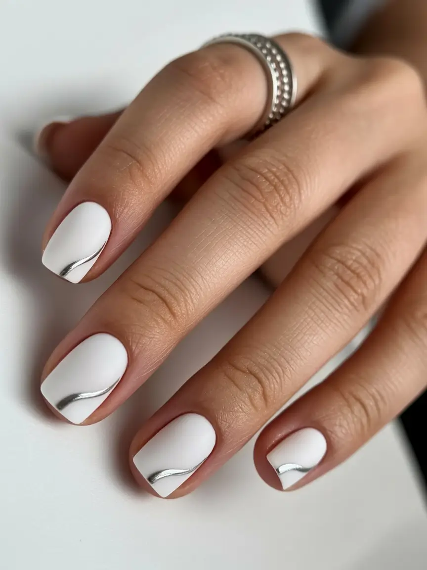 must-try spring nails acrylic 2026 Matte White Square Short With Silver Wave Detail