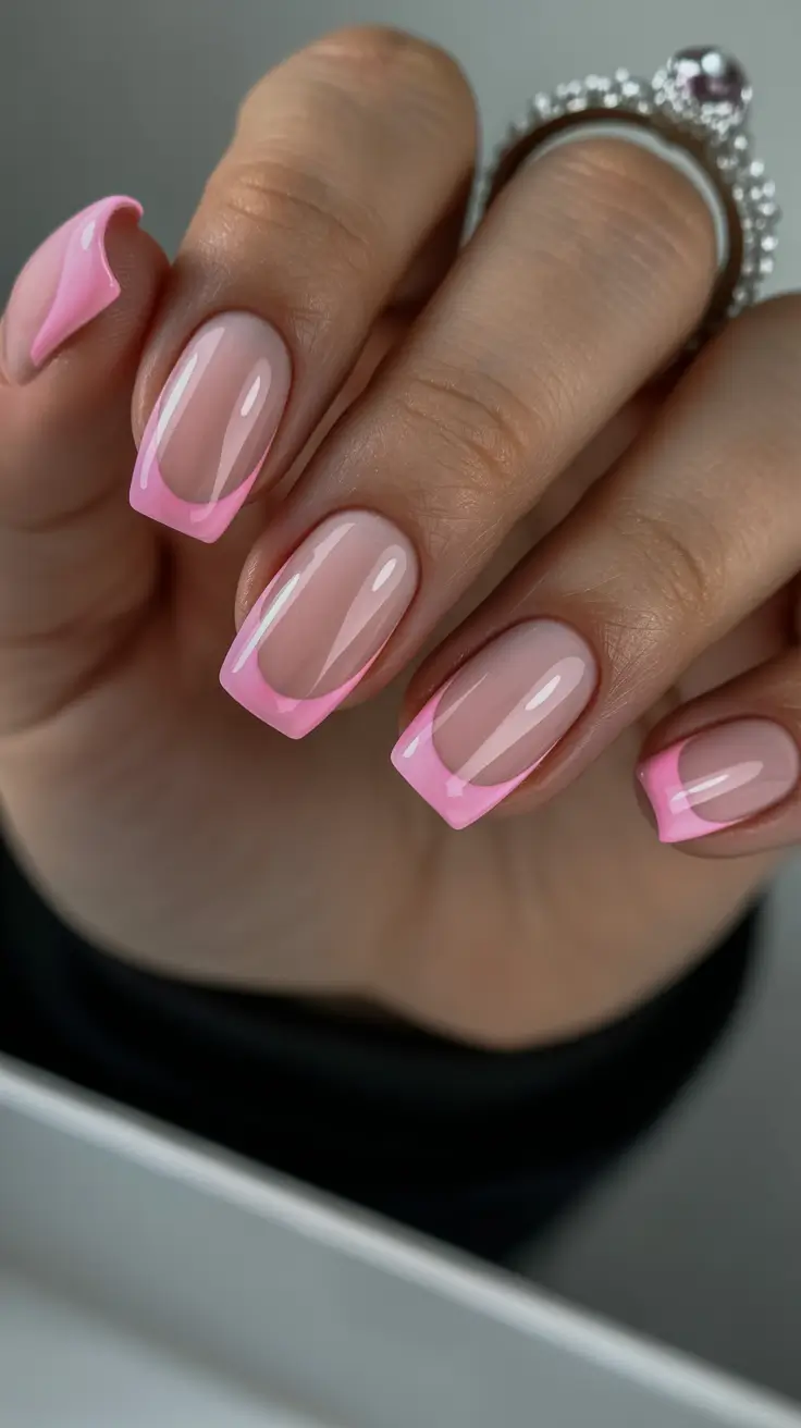 must-try spring nails acrylic 2026 Glossy Pink French Square Short Revival