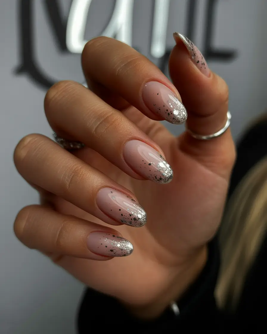 must-try spring nails acrylic 2026 Soft Nude Almond With Silver Glitter Fade