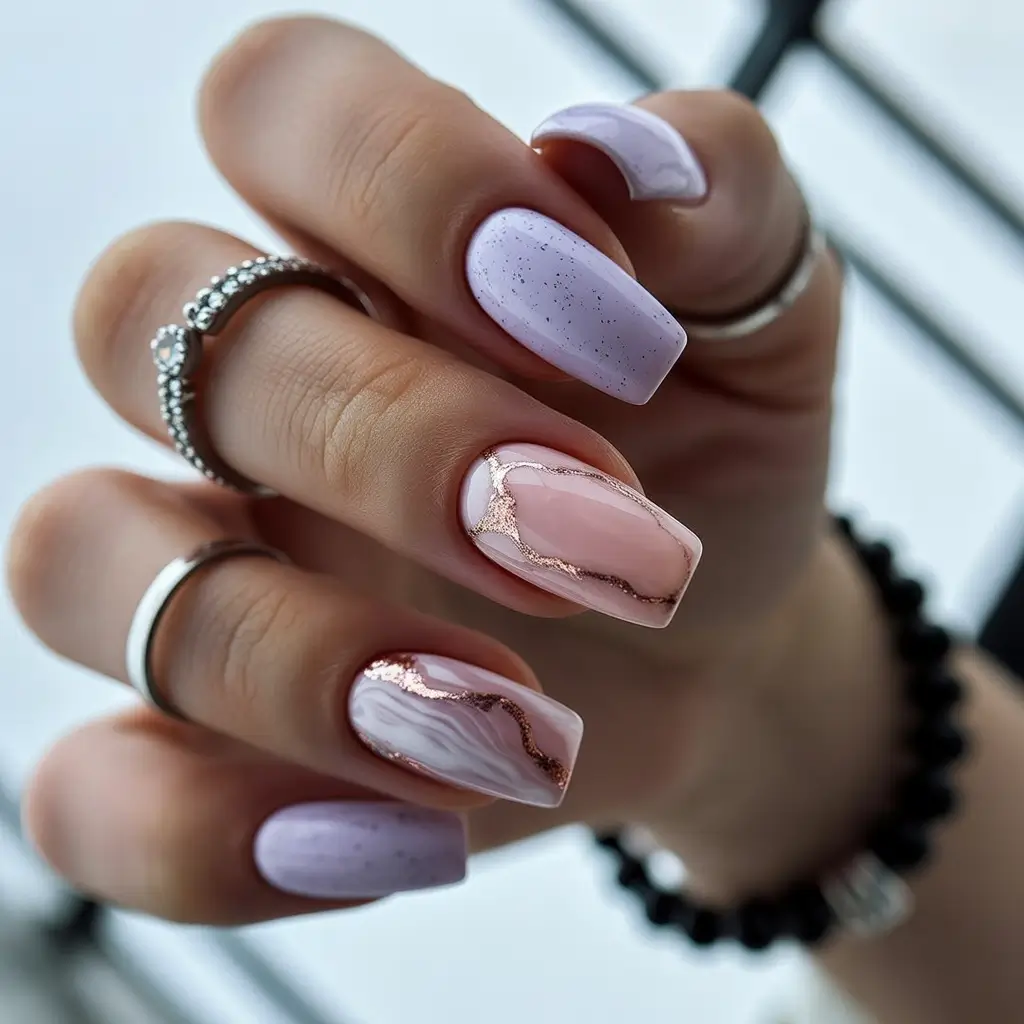 must-try spring nails acrylic 2026 Lavender Marble And Gold Square Medium Blend