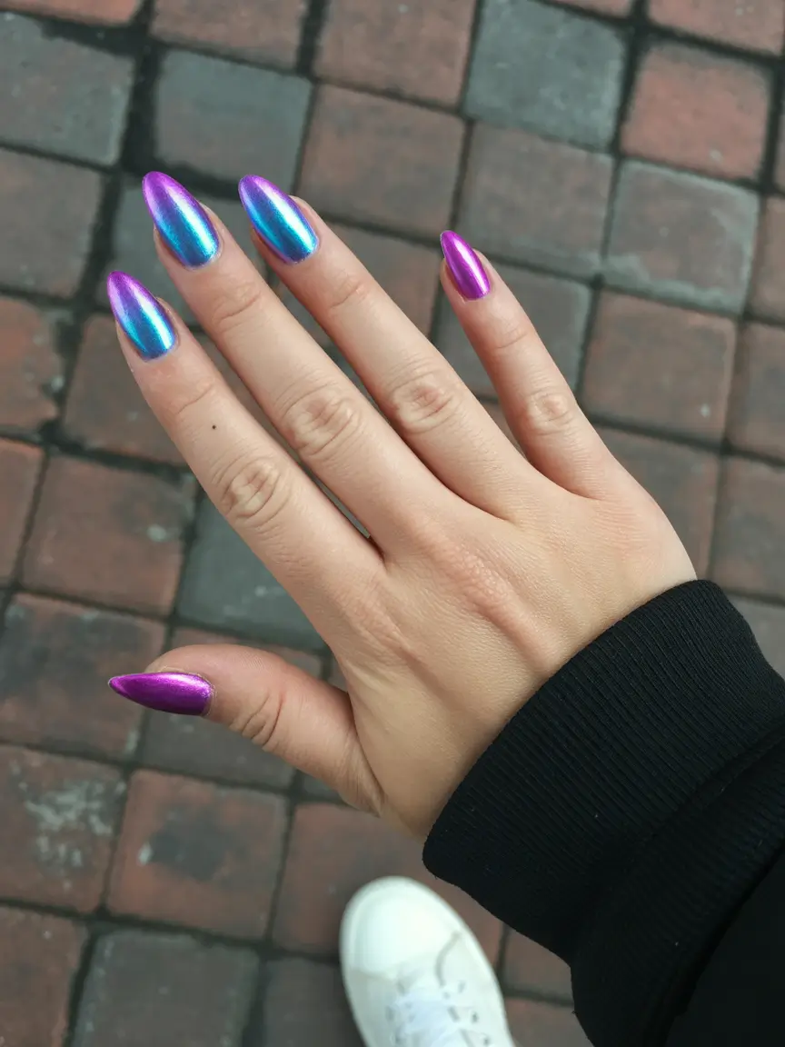 must-try spring nails acrylic 2026 Iridescent Purple Blue Chrome Almond Energy