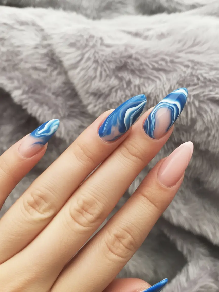 must-try spring nails acrylic 2026 Blue Marble Almond Long Ocean Mood