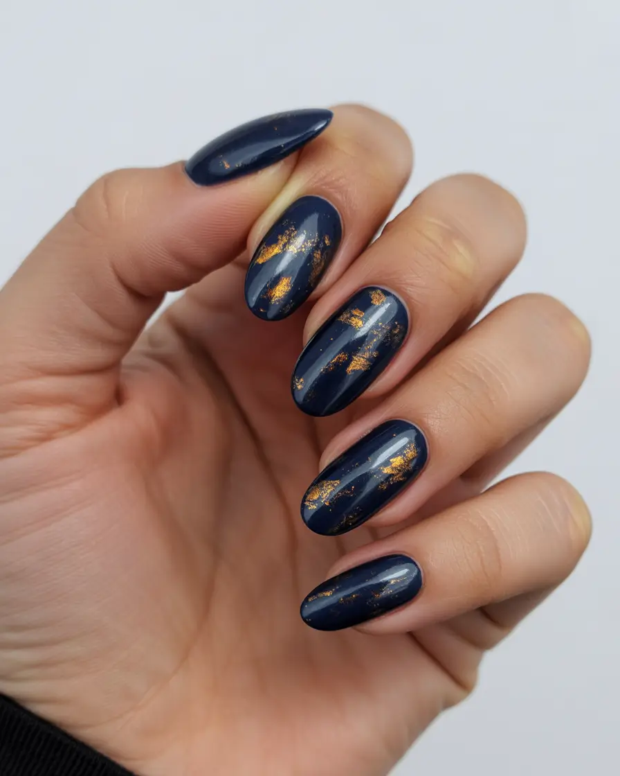 must-try spring nails acrylic 2026 Midnight Blue Almond With Gold Foil Accents