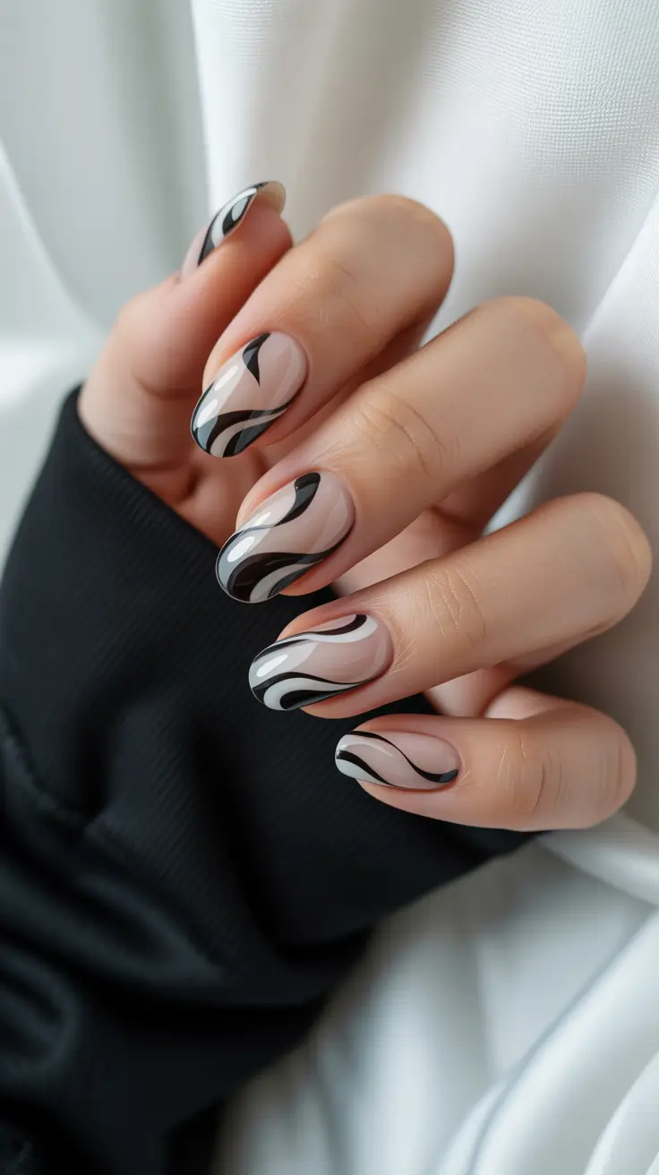 must-try spring nails acrylic 2026 Modern Black And Nude Swirl Acrylic Design