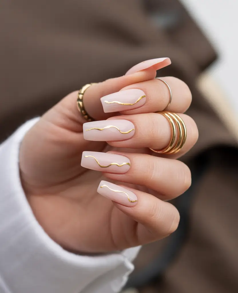 must-try spring nails acrylic 2026 Milky Pink Coffin Long With Minimal Gold Detail