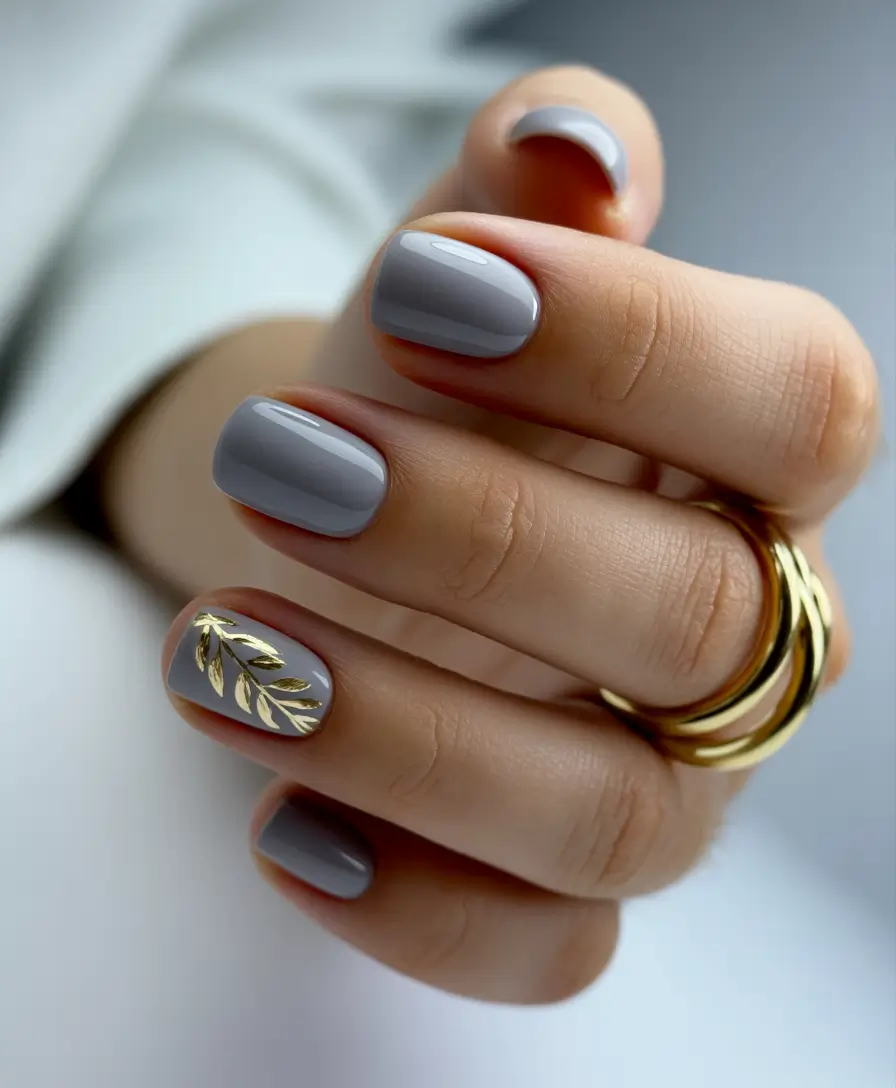 must-try spring nails acrylic 2026 Glossy Grey Square Short With Gold Leaf Accent