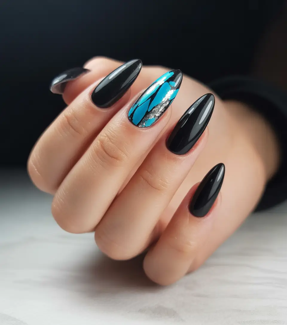 must-try spring nails acrylic 2026 Black And Turquoise Coffin Long Statement Set