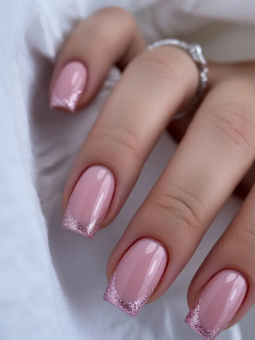 must-try spring nails acrylic 2026 Soft Pink Square Short With Glitter French Tip