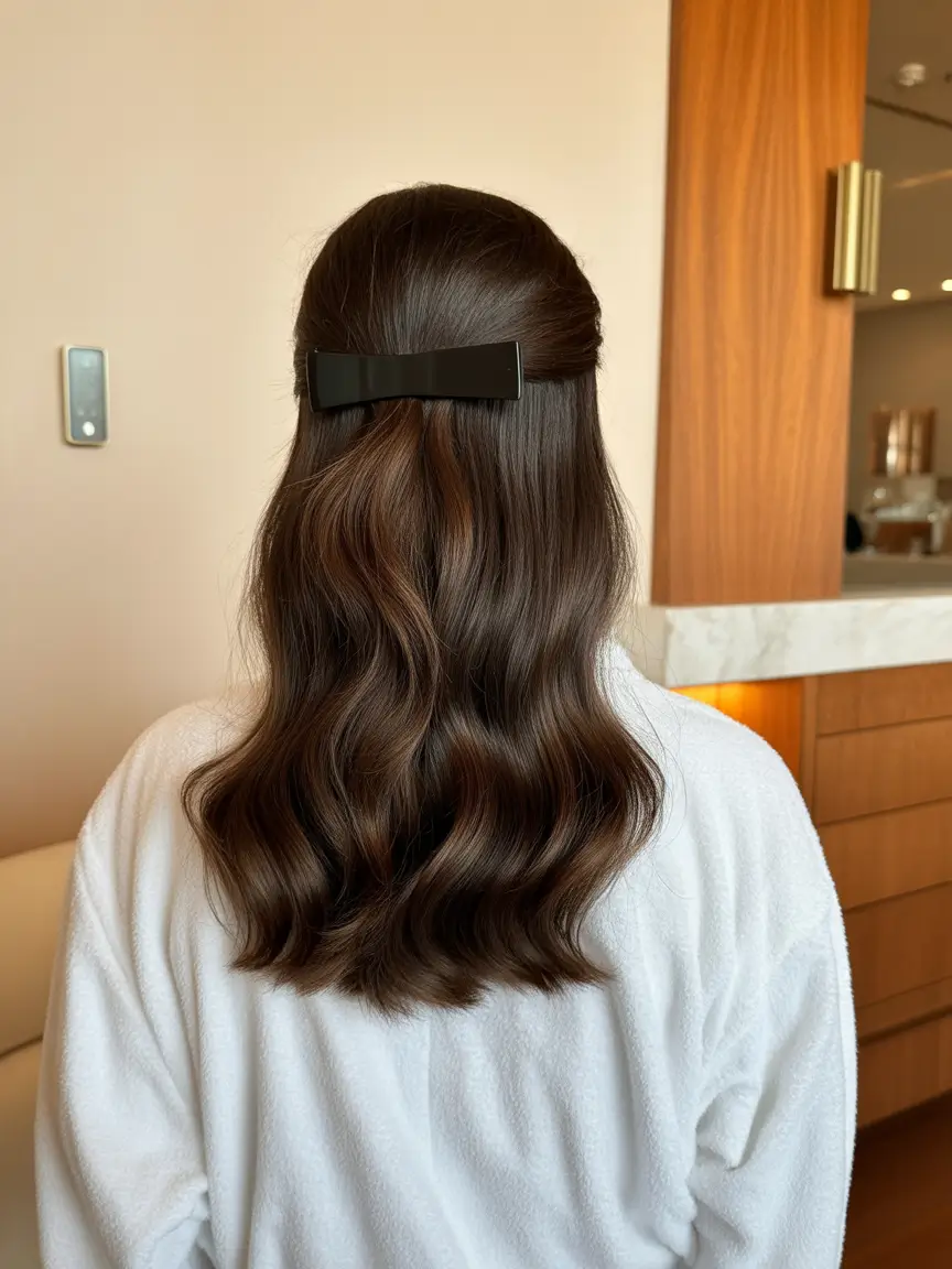 natural spring brunette hair color 2026 Glossy Half Up Brunette