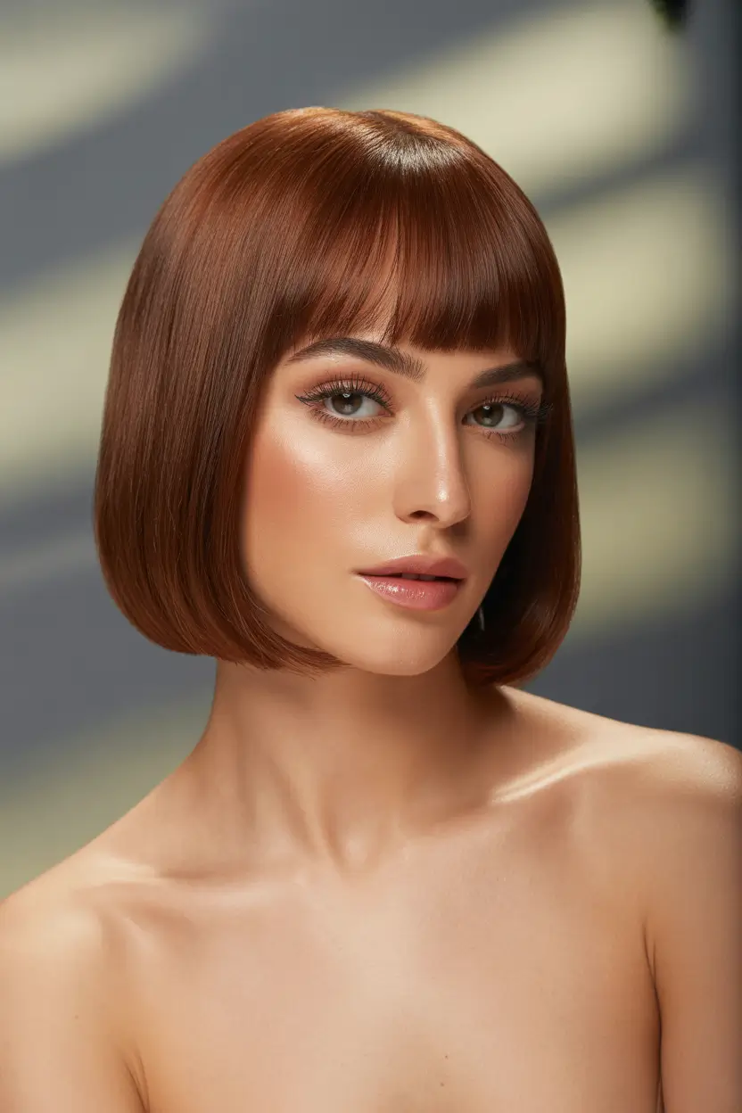 natural spring brunette hair color 2026 Sharp Cinnamon Bob