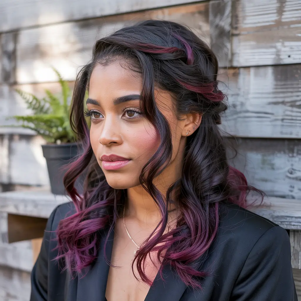 natural spring hair color for brown skin 2026 Deep Espresso With Violet Ribbons for a Bold Spring Twist