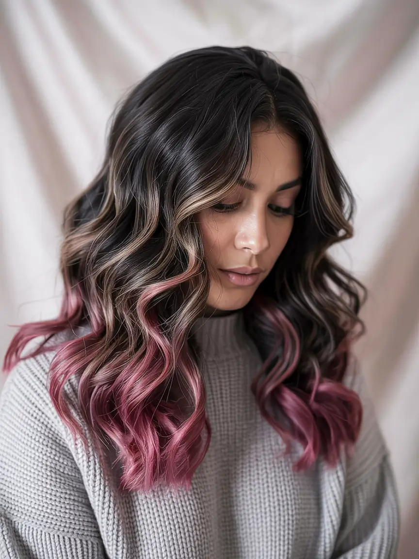 natural spring hair color for brown skin 2026 Smoky Brunette With Rosy Ends for a Playful Spring Vibe