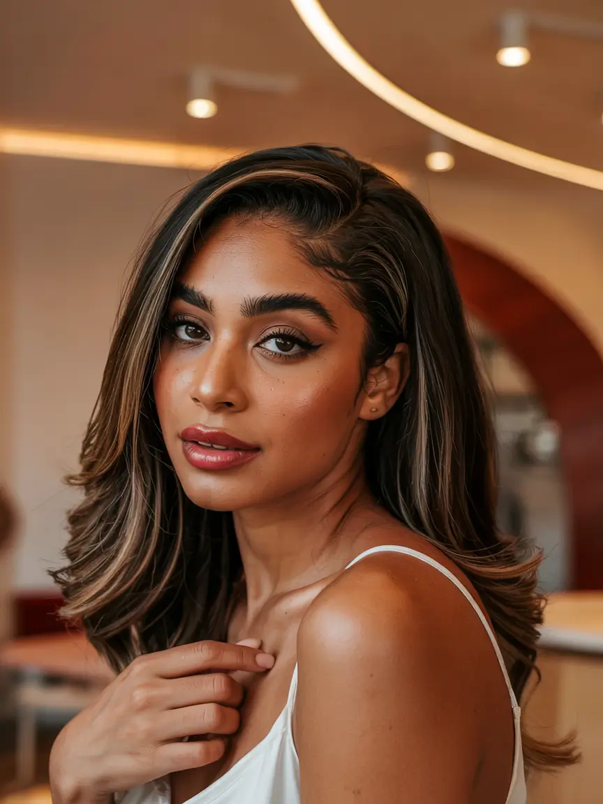 natural spring hair color for brown skin 2026 Dimensional Brunette Glow With Soft Face Framing Lift