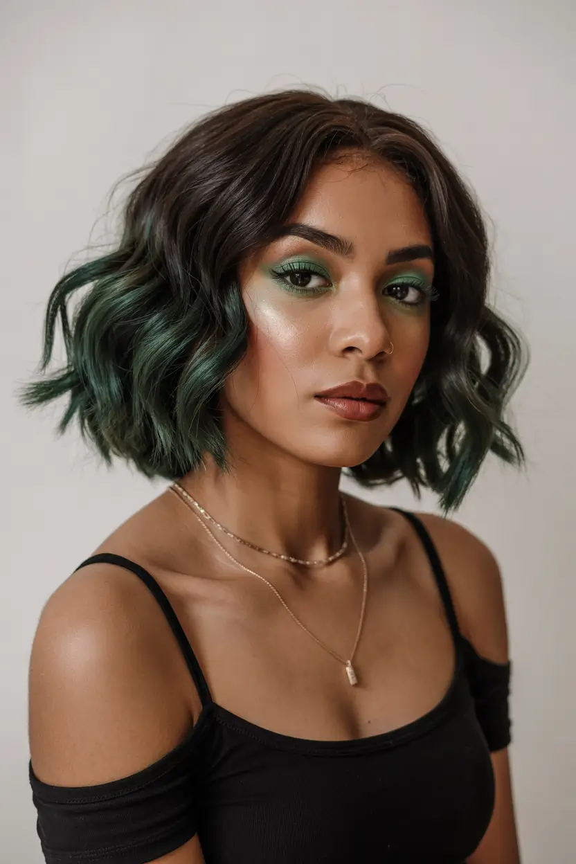 natural spring hair color for brown skin 2026 Emerald Melt Bob With Bold Spring Character