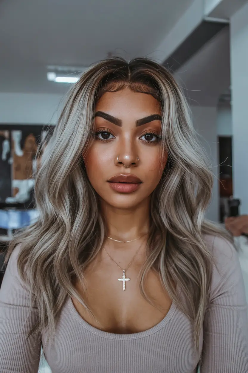 natural spring hair color for brown skin 2026 Cool Silver Smoke Waves With Soft Spring Brightness