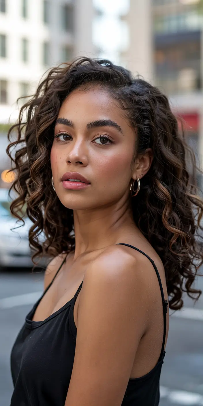 natural spring hair color for brown skin 2026 Glossy Dark Brown Curls With Light Accents