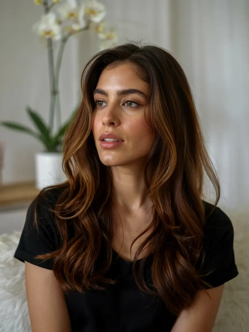 natural spring hair color for brown skin 2026 Golden Chestnut Waves With Soft Spring Depth