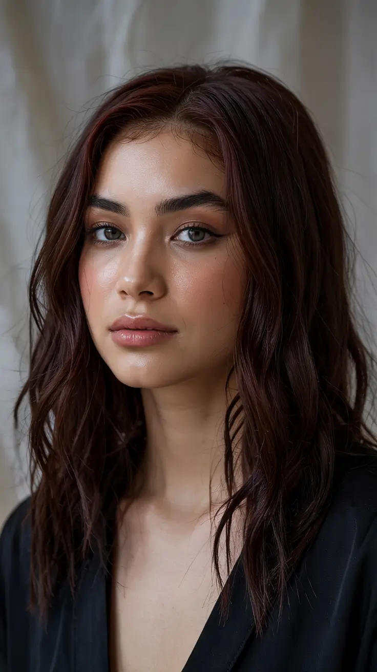 natural spring hair color for brown skin 2026 Soft Red Brown Waves With Subtle Spring Warmth