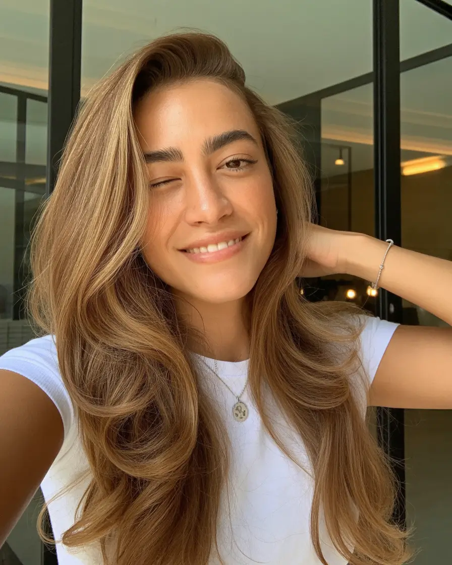 natural spring hair color for tan skin 2026 Golden Almond Long Swoops